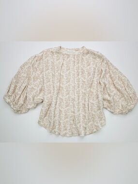 Neuflora M Medium EUC Cream & Tan Floral Puff-Sleeve Blouse 100% Cotton